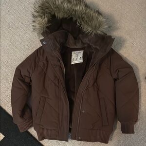 Abercrombie Kids Brown Puffer Jacket with Faux Fur Hood